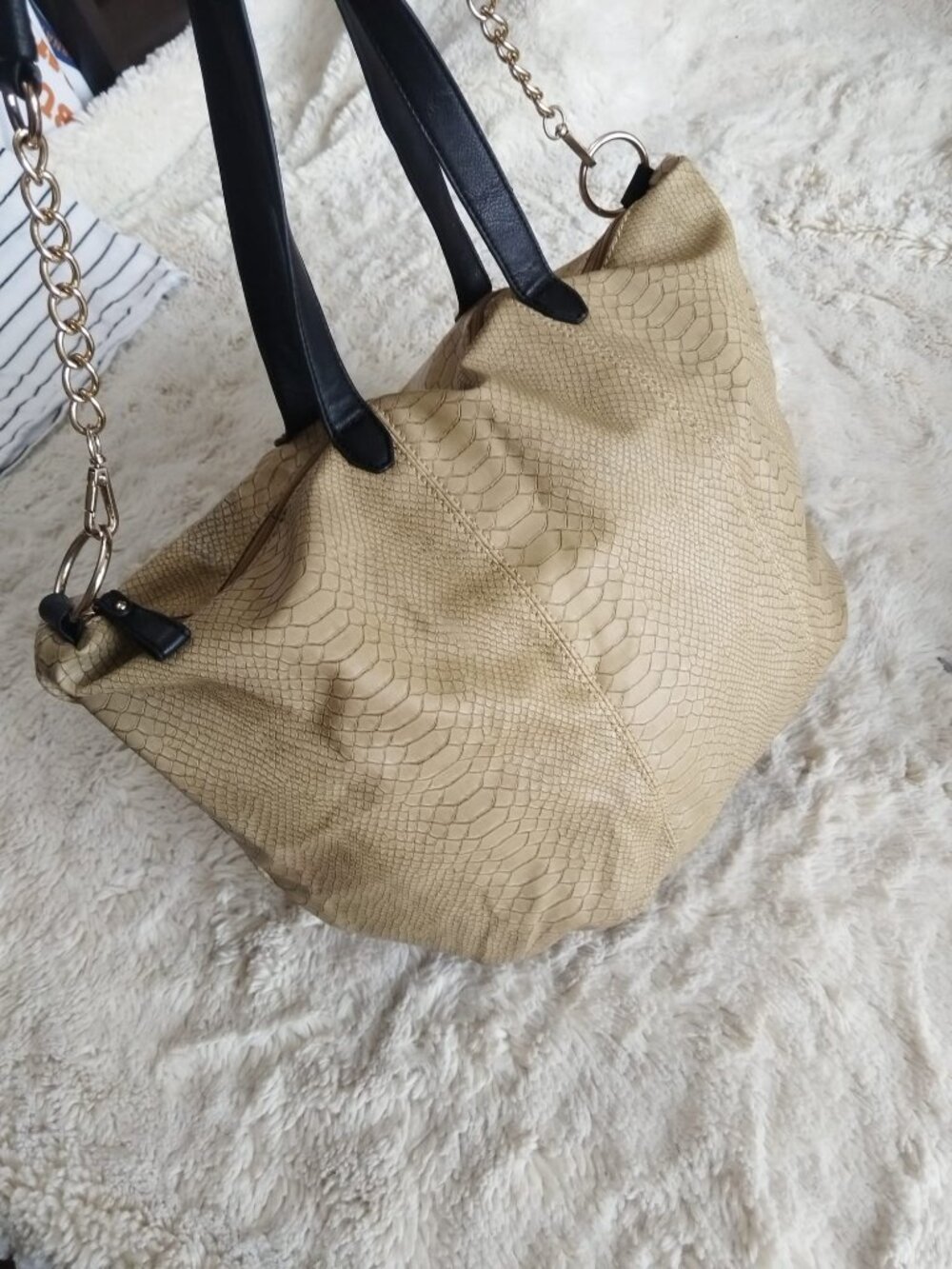 Large Faux Snake Print Handbag - Beige Snake Print Shoulder Bag with Chain Strap